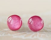 Azalea Pink Resin Stud Earrings - Deep Magenta Rose Pink Shimmer Post Earrings