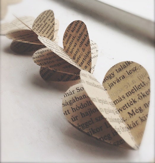 Vintage Hungarian Book 3D Paper Mobile Heart Strings