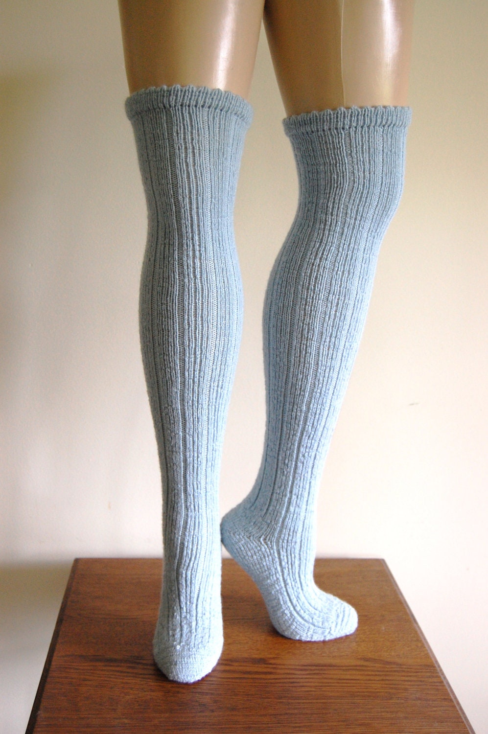 Handknit Ice Blue Wool Ribbed Over The Knee Socks - C3L35T3
