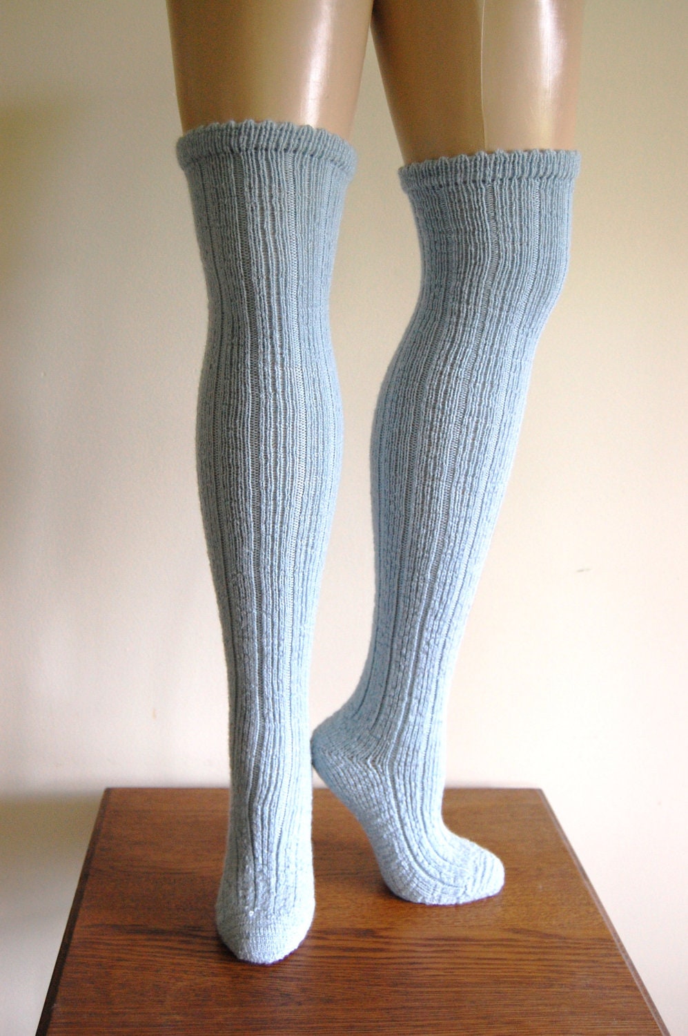 Handknit Ice Blue Wool Ribbed Over The Knee Socks