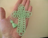 Lacy Tatting Mint Tatted cross bookmark Free Shipping