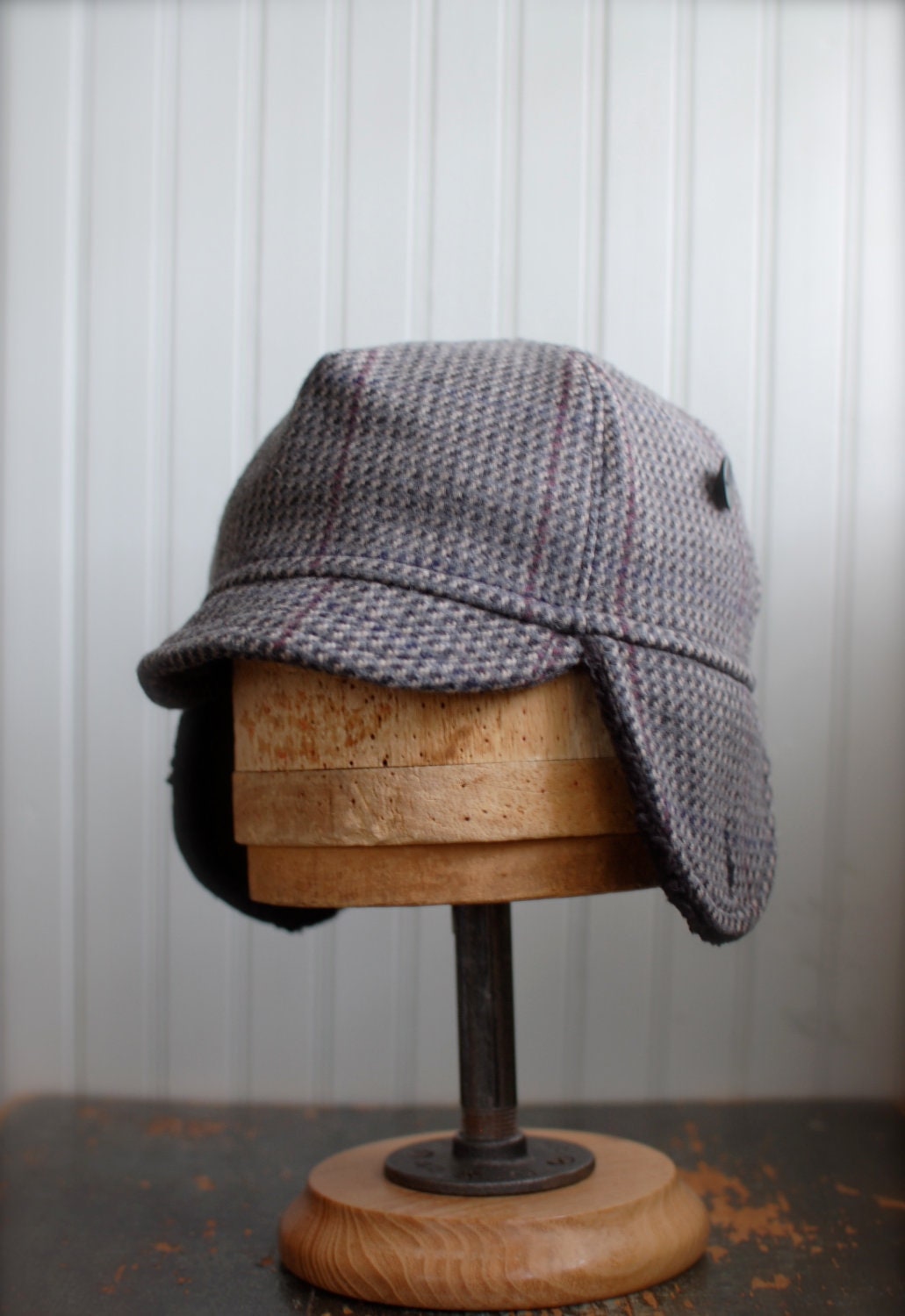 Mens trucker hat, womens trucker hat: gray plaid hat with earflaps - large