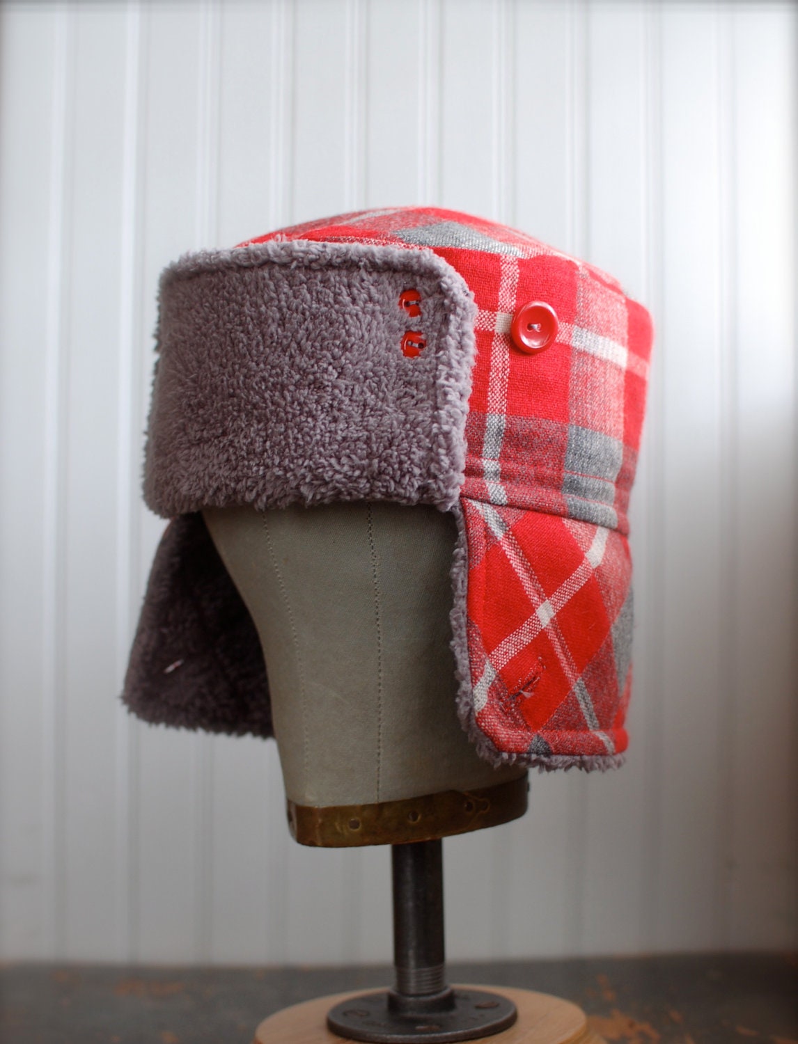 Red plaid wool bomber hat: womens winter hat, mens winter hat - medium
