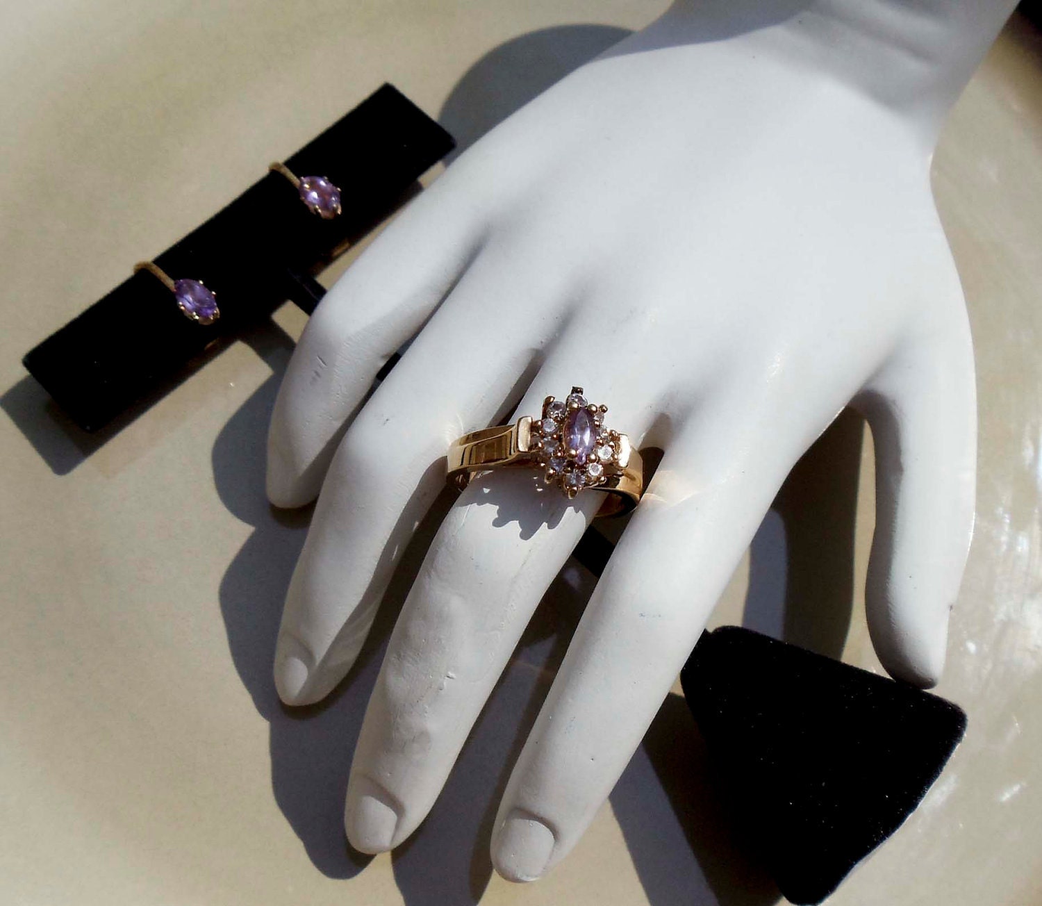 Vintage gold amethyst ring matching earrings
