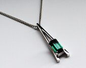 Green Rhinestone Necklace with Silver A Framed Pendant Vintage Avon