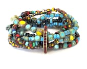 Country Boho Chic Czech Glass Stretch Bracelet with rhinestones turquoise, red, black, yellow