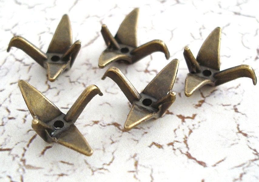 Origami Crane Beads Charms Antiqued Bronze