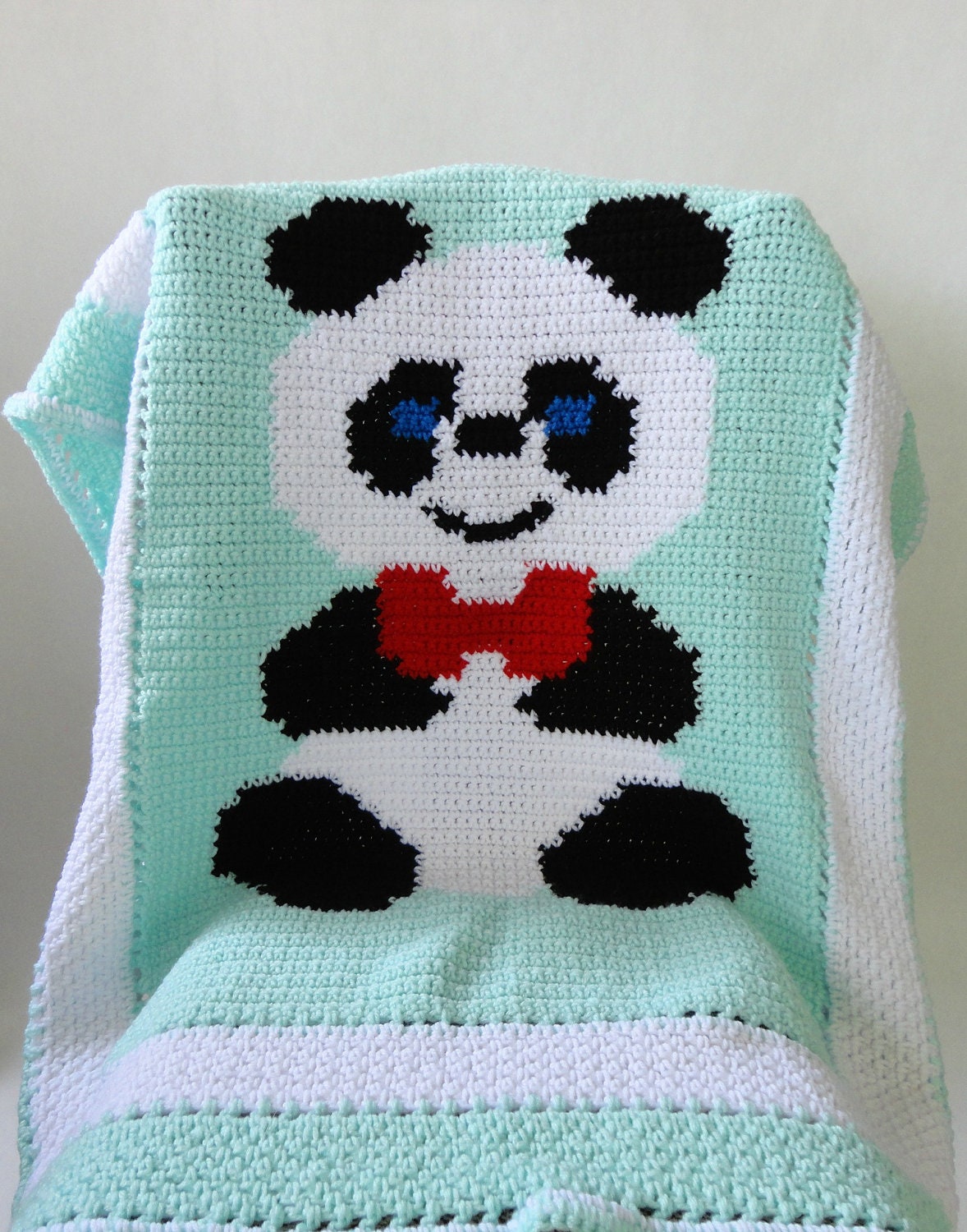 VINTAGE child size crocheted AFGHAN with bow tie PANDA