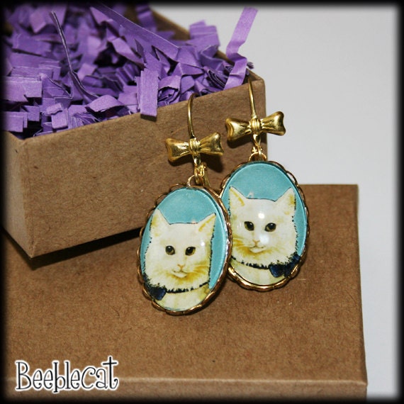 White Cat Drop Earrings with Gold Tone Bows