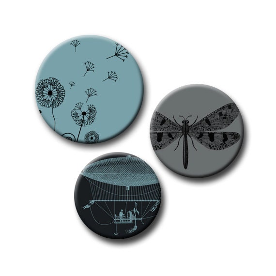 12mm Round Slate and Charcoal  Digital Collage Sheet Flora Insects Hot Air Balloons