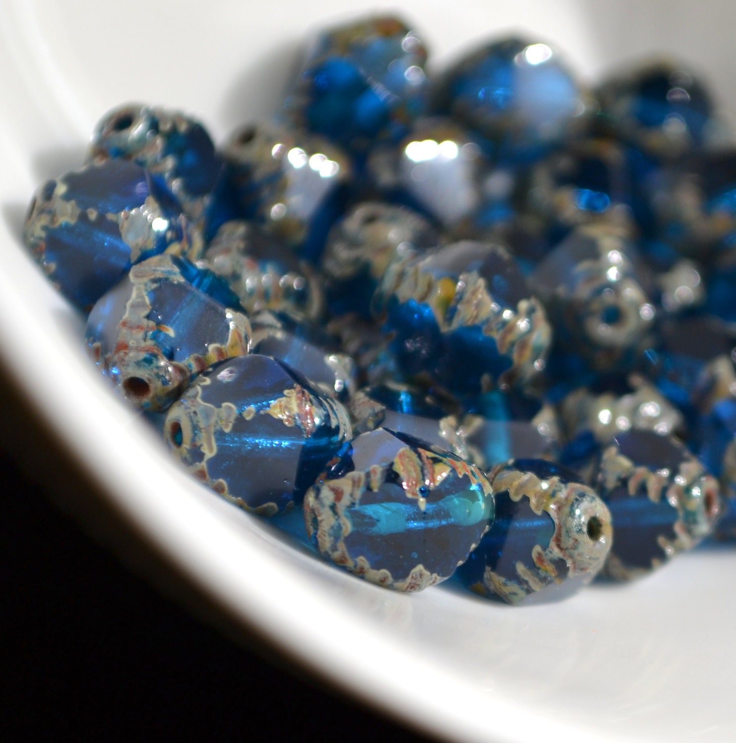 Capri Blue Czech Etched Picasso Bicone Glass Bead 10x8mm : 10 Pieces (ST705)