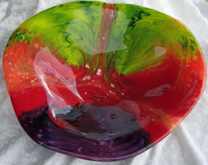 Purple, Orange and Green Fused Glass Tie Dye Bowl