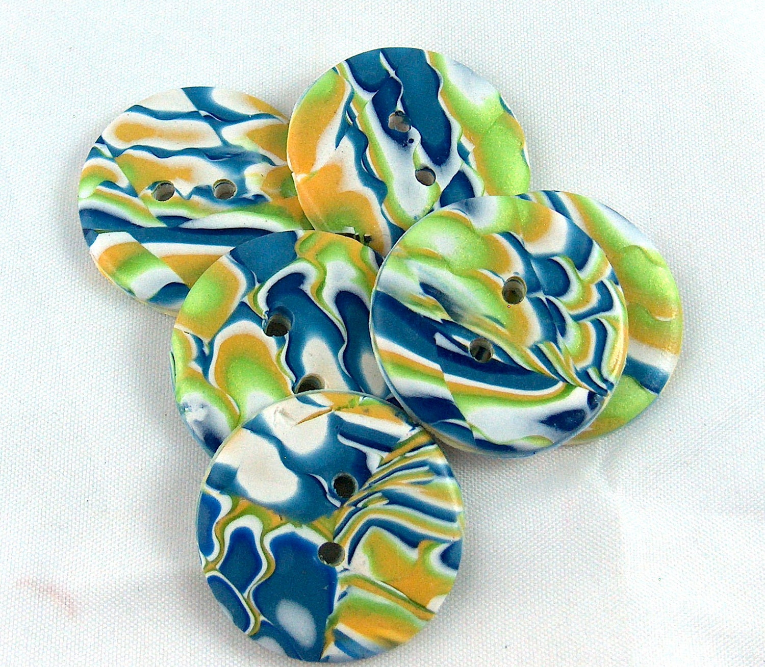 Light Green, Blue and Yellow Mokume Gane Buttons, Polymer Clay No.137