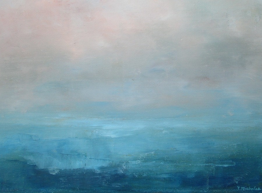 Before Dawn- Abstract Ocean Landscape Oil Painting on Canvas small 12x12 blue and grey fog clouds sky soft original palette knife painting