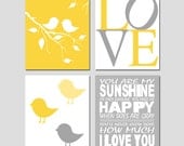Kids Wall Art - Nursery Quad - Set of Four 8x10 Prints - You Are My Sunshine, LOVE, Baby Birds on a Branch, Baby Chicks