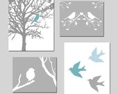 Modern Nursery Prints - Bird Quad - Set of Four Prints - 11x14 and 8x10 Mix - Choose Your Colors - Shown in Gray, Yellow, Blue, and More