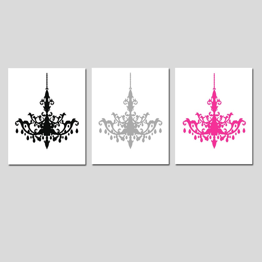Modern Chandelier Trio - Set of Three 8x10 Chandelier Prints - Choose Your Colors - Shown in Black, Gray, Pink, Hot Pink, Light Pink