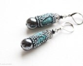 Stylish light grey teal blue dangle earrings with handmade felt and glass Next day shipping Gift under 50 USD