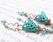 Robins Egg Torch Fired glass enamel lacey filigree earrings
