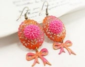 Pink Bows patina earrings - orange pink flowers bow