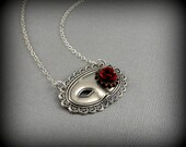 Antique Silver Masquerade, Mask, Steampunk, Red Flower, Watch Gear, Victorian  Necklace- SEDUCTION