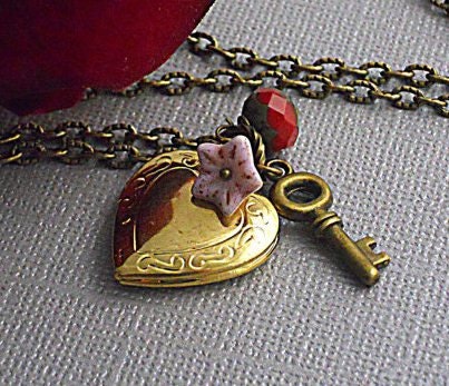 Vintage inspired Locket, Heart shaped Brass Locket, Key Feminine, Romantic Floral Locket, Long Chain- ADORIA