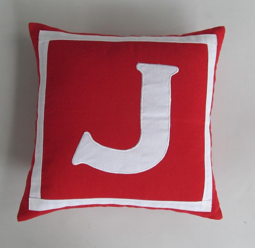 Letter J red and off white monogram pillow 16 inch IN STOCK