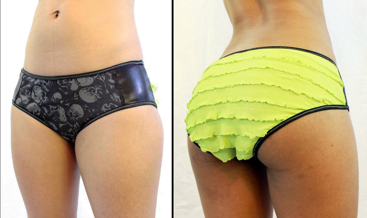 Zombie Attack - Neon Green Sparkle Ruffle Bum Low Rise Panties - Skulls