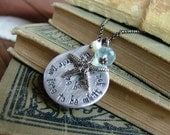 It's Never Too Late To Be What You Might Have Been Custom Hand Stamped Aluminum Teardrop Necklace with Peruvian Blue Quartz by MyBella