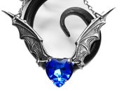 Angel Wing Necklace. Silver Sapphire Bat Wing Necklace. Blue Heart Crystal Necklace