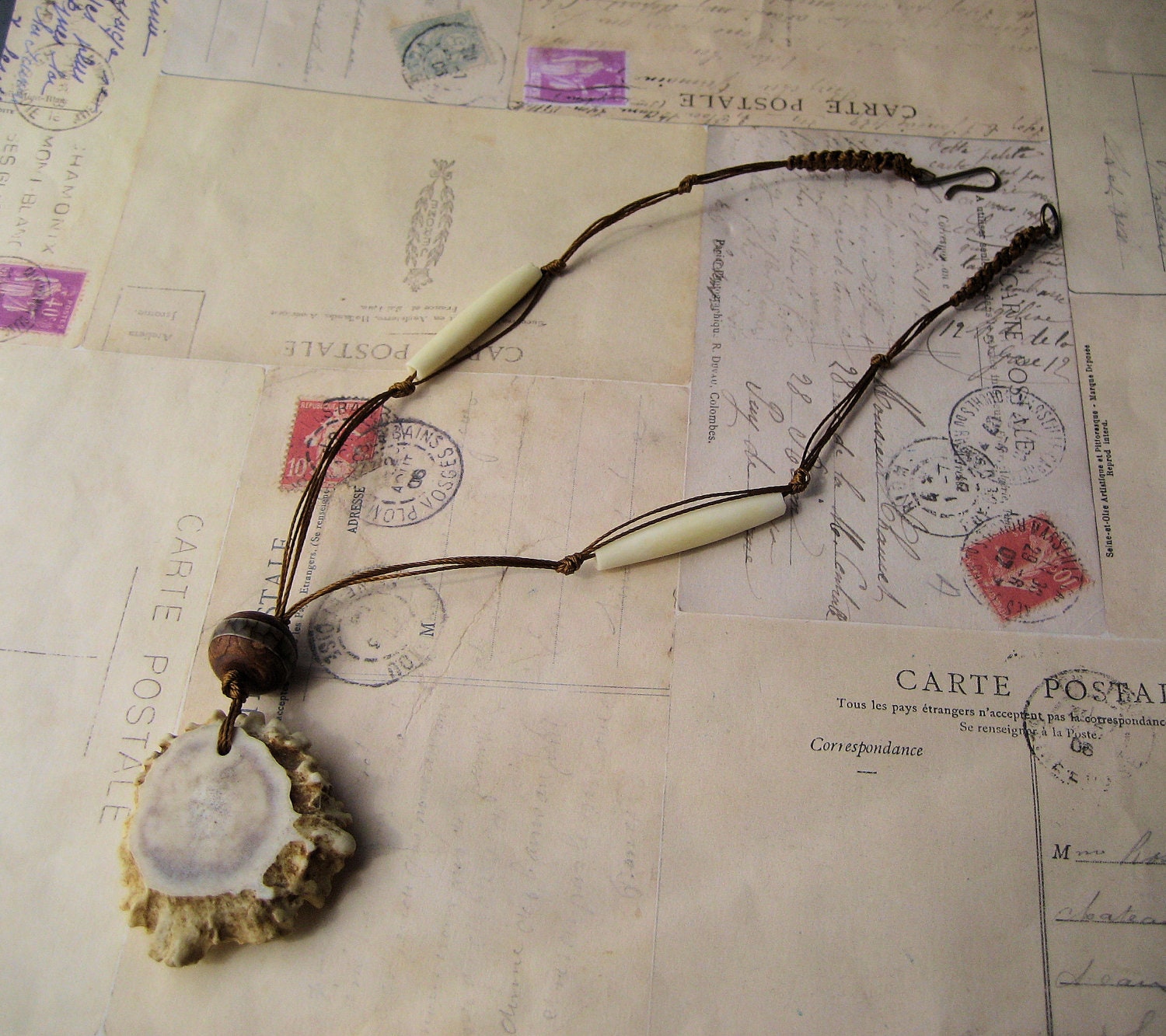 Macrame Necklace with Antler Pendant and Bone Beads