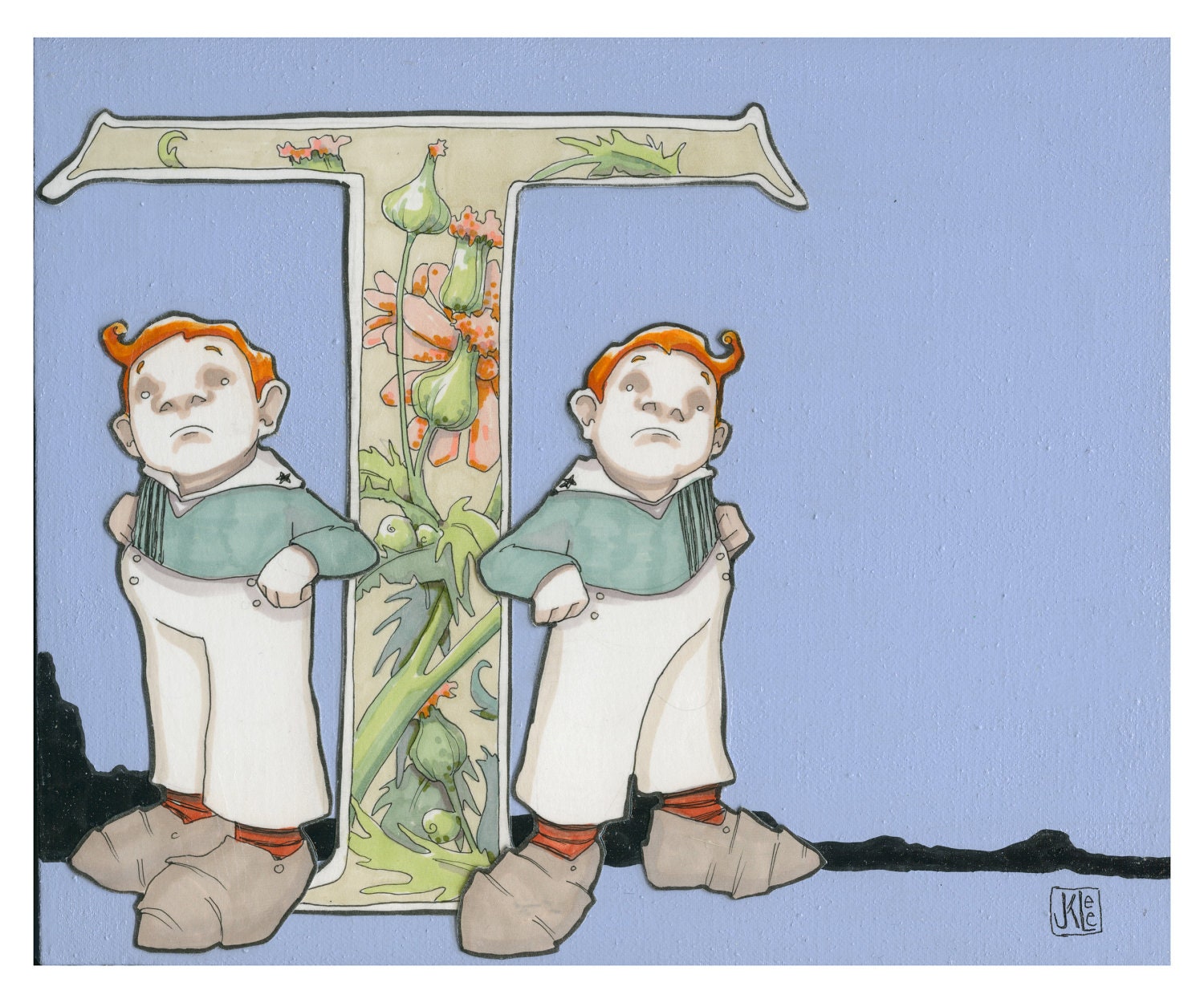 T is for Tweedle Dum and Tweedle Dee- 9x7.5 Wonderland Alphabet Print