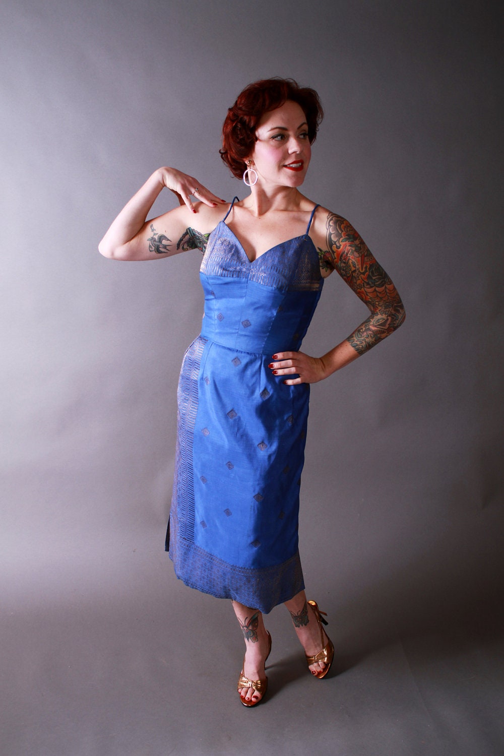 Vintage 1950s Dress Set - Bombshell Blue and Gold Wiggle Dress with Jacket
