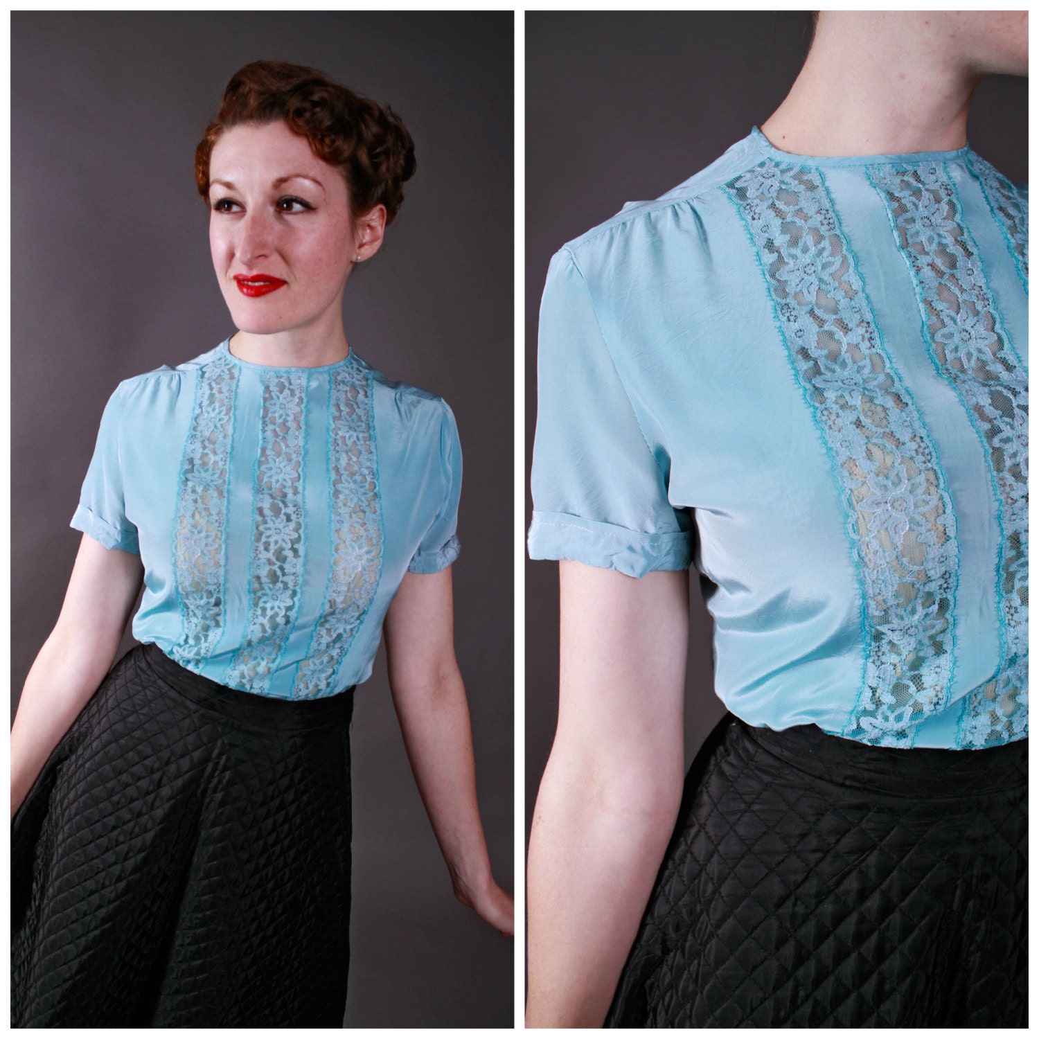 Vintage 1950s Blouse - Satiny Blue Nylon Blend Blouse with Sheer Lace