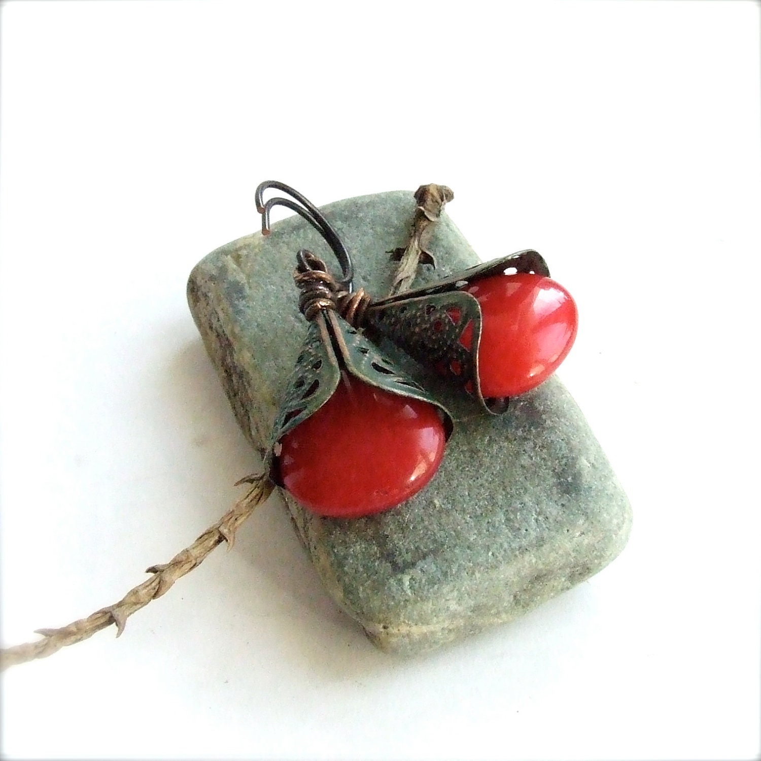 Red Jade, Green Filigree, Copper - Stone Earrings - Patina Beaded Drop Dangle Jewellery