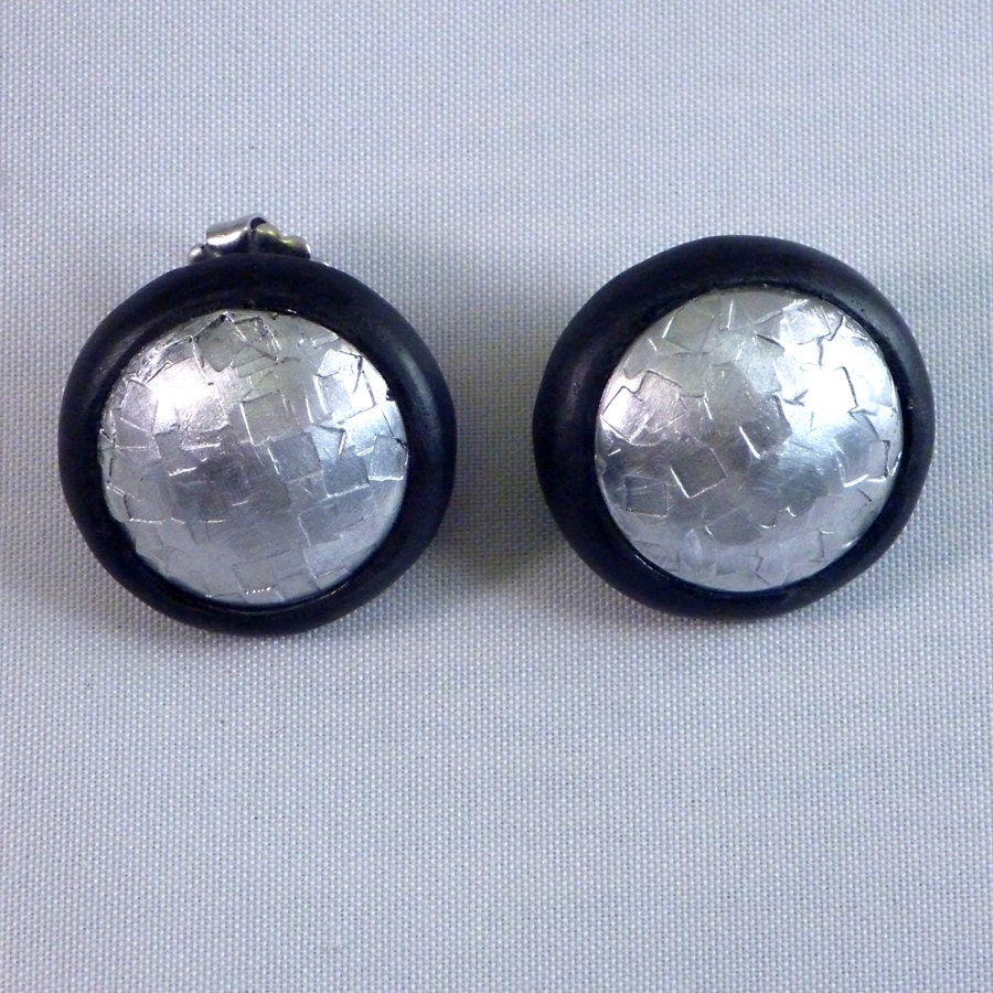 Black and Silver domed medium sized studs,  Round ebony disc earrings inset with textured domes, Ultra lightweight post earrings