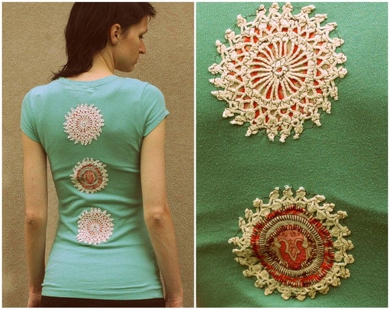 Upcycled hippie shirt - spring top women clothing gypsy bohemian embroidery doilie boho nomad tee- small