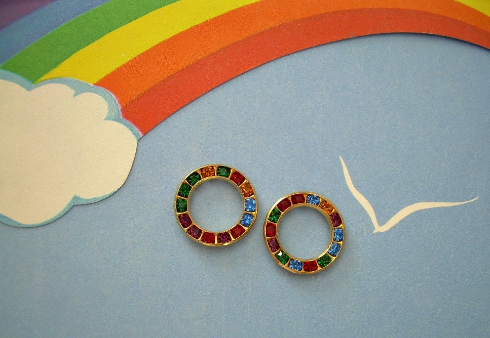 Vintage Swarovski Rainbow Rhinestone Rings Connectors Hoops Goldplated 2