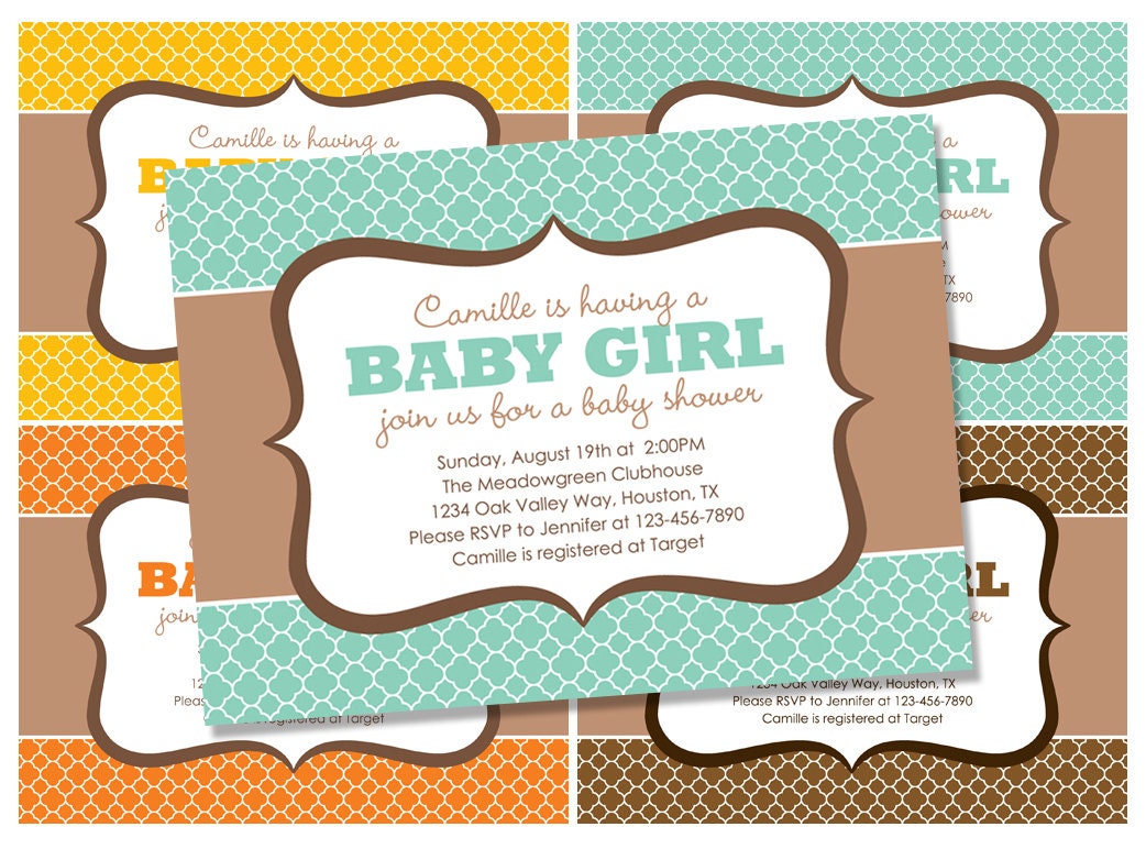 Baby Shower Invitation - colorful clover pattern - orange teal yellow brown shower invite (Printable Digital File OR Printed Cards)