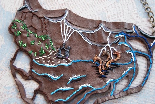 Leather Necklace - Fable 1 - The Sisters and the Serpent Embroidered Art Bib Necklace