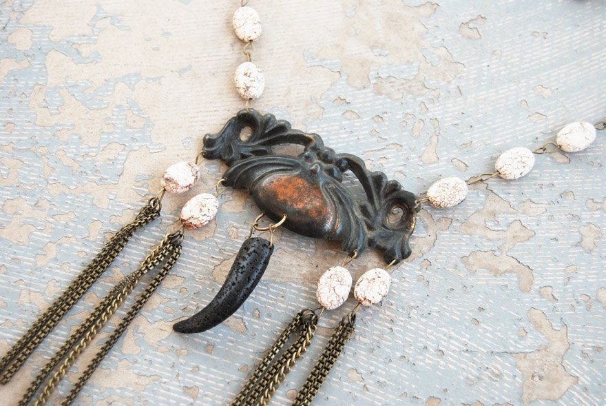 Tribal Turquoise Necklace - Black Fang, White Turquoise and Chains - Antique Hardware Collection