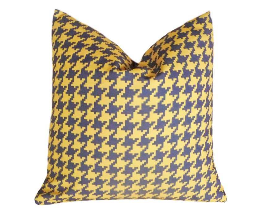 SALE Navy Blue Yellow Pillow,  Houndstooth Plaid, Decorative Throw Pillow Cover, Retro, Vintage Designer Kravet Pillow, Home Decor, 18x18