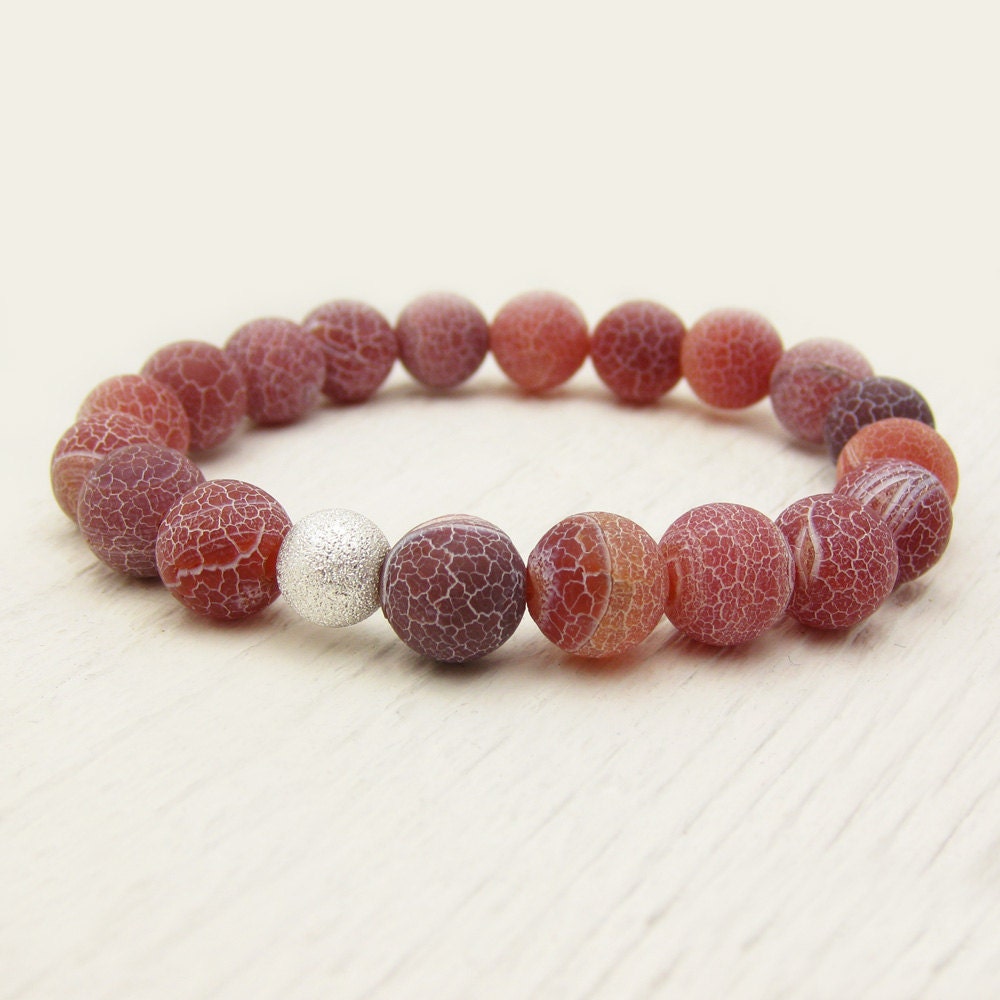 Rustic Red Agate Sterling Stardust Bracelet / cherry matte rose berry blood red / cracked colorful bold natural texture bohemian fashion