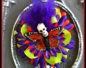 Dead Girl Decay - Day of the Dead Purple Orange & Lime Green Skullerfly Flower Feather Hair Barrette