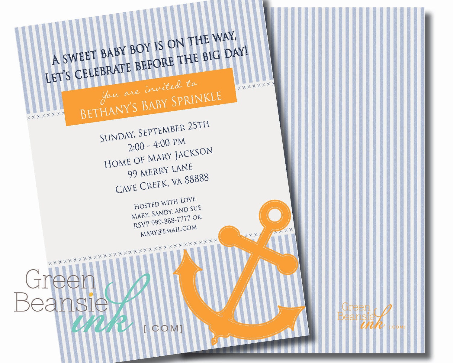 NAUTICAL SEERSUCKER Printable Party Invitation - Blue and Orange Il_570xn