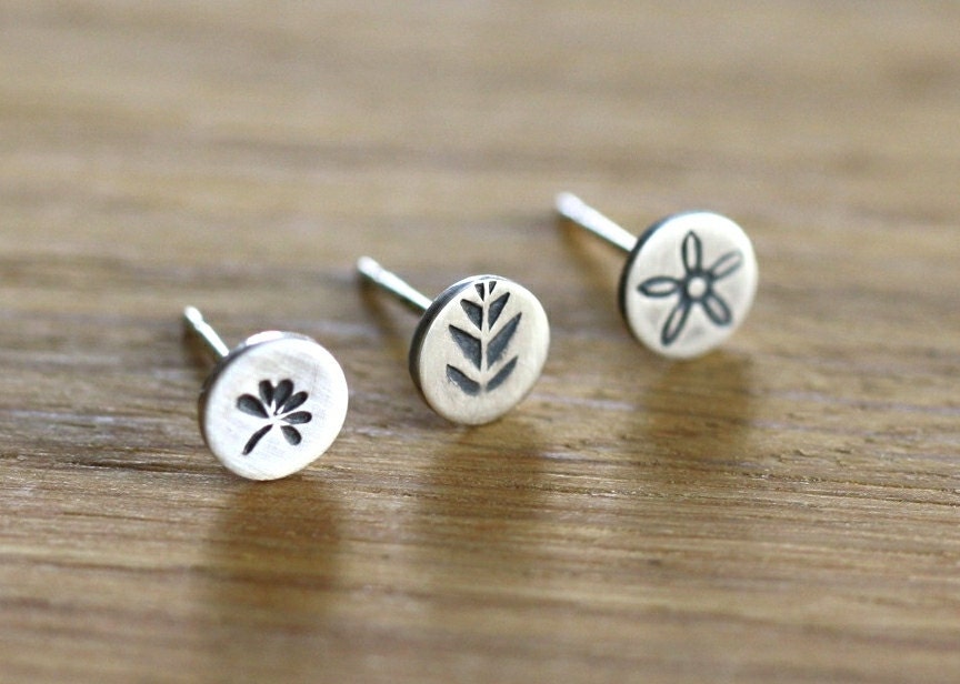 Tiny trios - post earrings - set of 3 pairs - studs - flower - leaves - sterling silver - forest collection - etsymetal team - 3 pairs