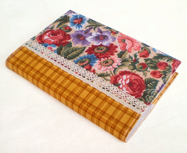 Fabric Journal Cover - Country Roses - A6 Notebook, Diary -  Mustard Checks Red Pink Flowers With Lace