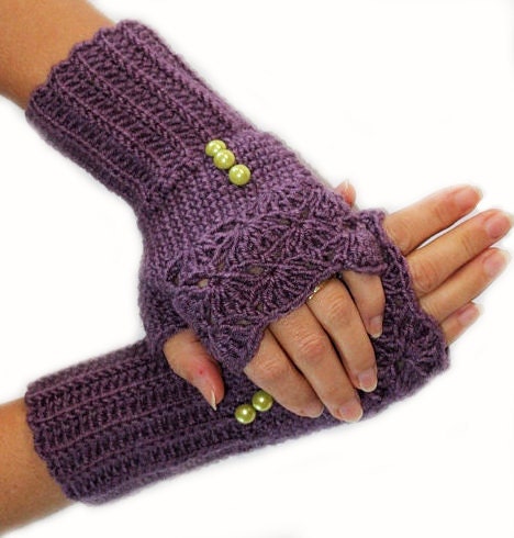 Soft Purple and green button Crochet Fingerles Gloves
