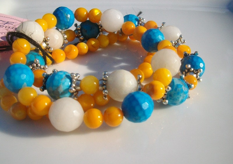 Mother of Pearl and Gemstone Bracelet stacks,  stretch to size 7-8, Yellow, white, Turquoise