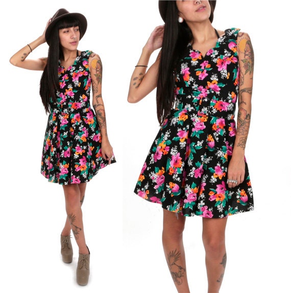 80's Floral Party Dress XS/S Neon Floral Abstract Prom Dress